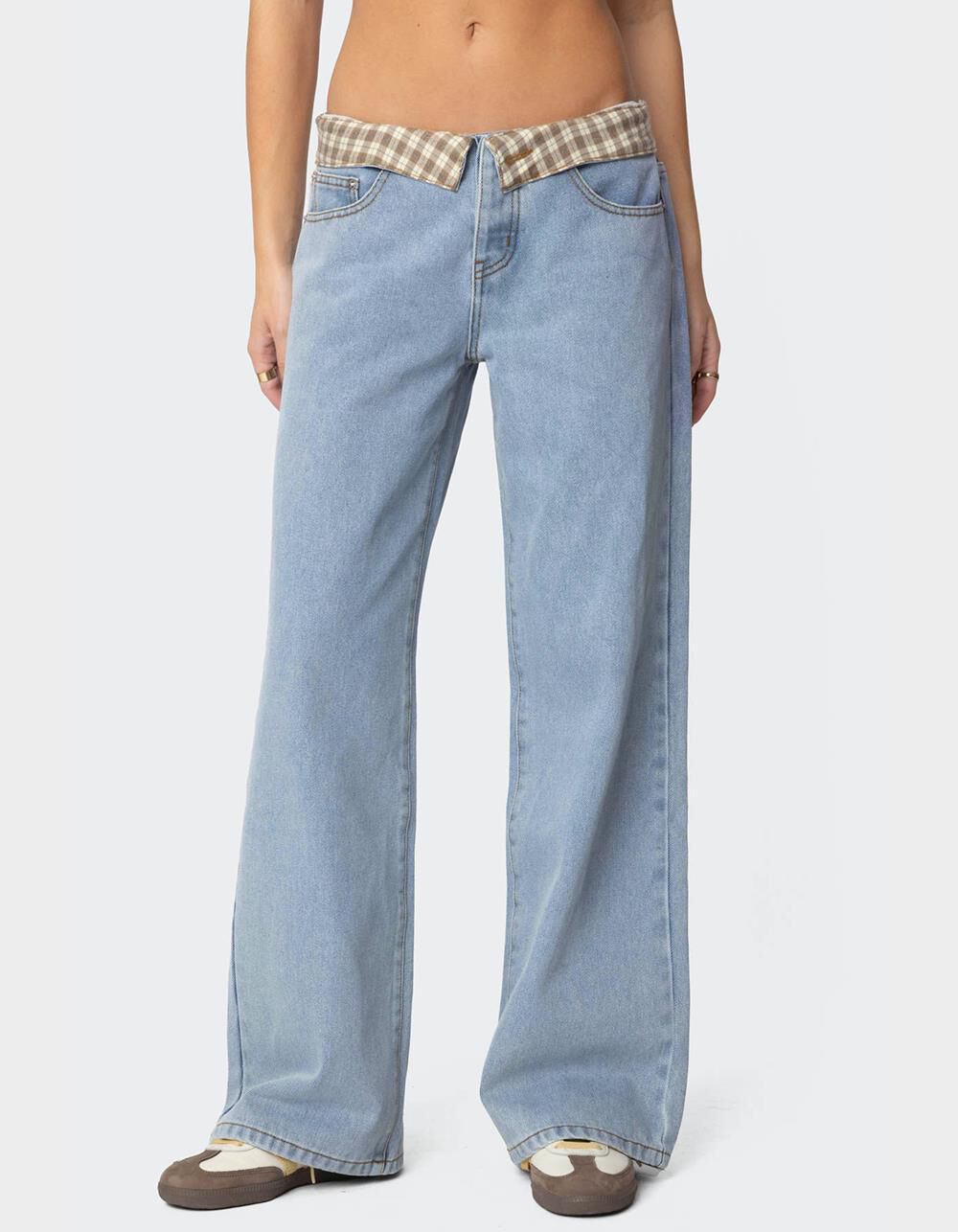 EDIKTED Peekaboo Plaid Low Rise Jeans