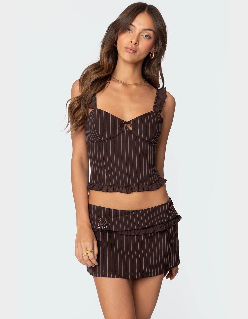 EDIKTED Colleen Ruffled Pinstripe Corset