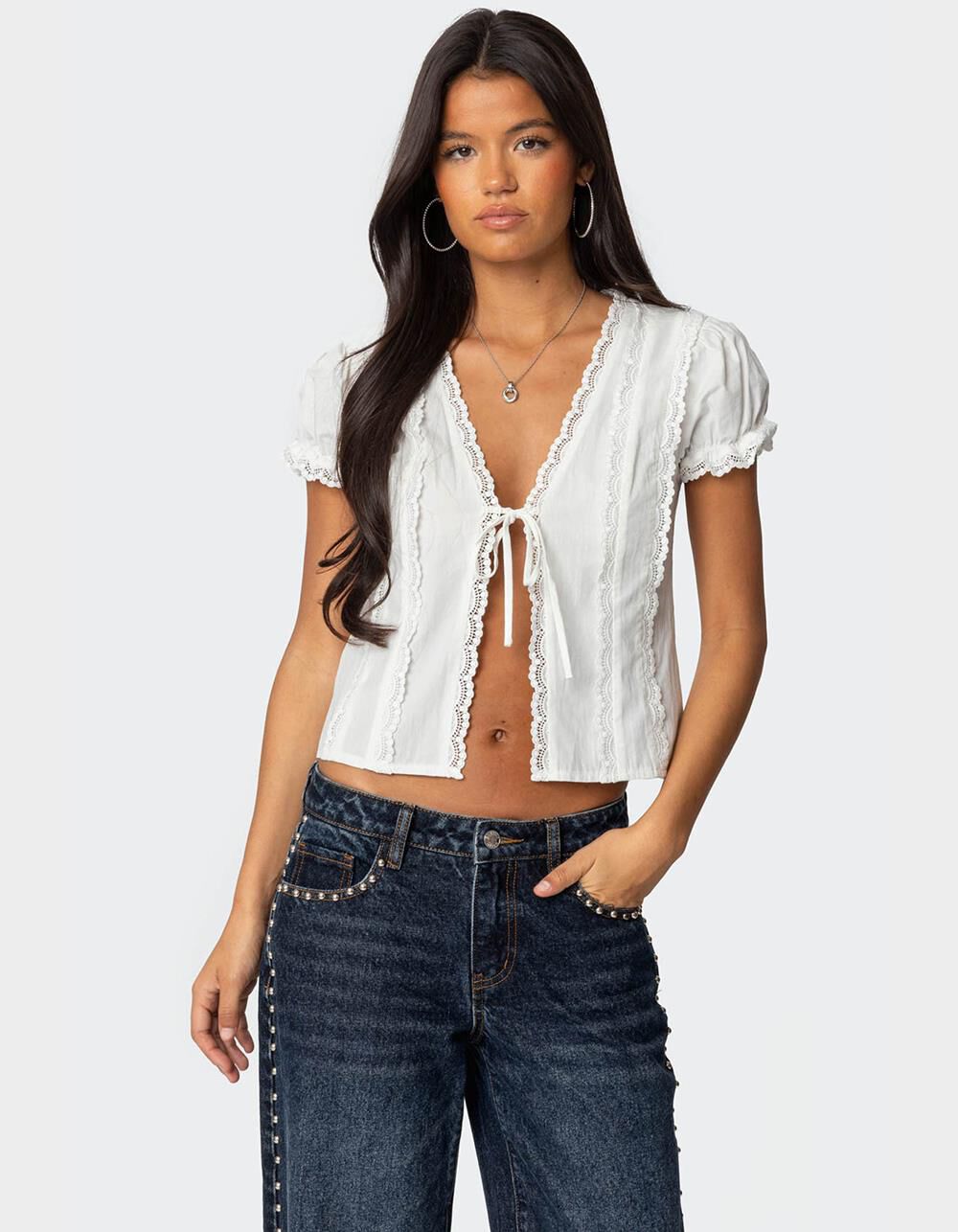 EDIKTED Cotton Lacey Tie Front Top