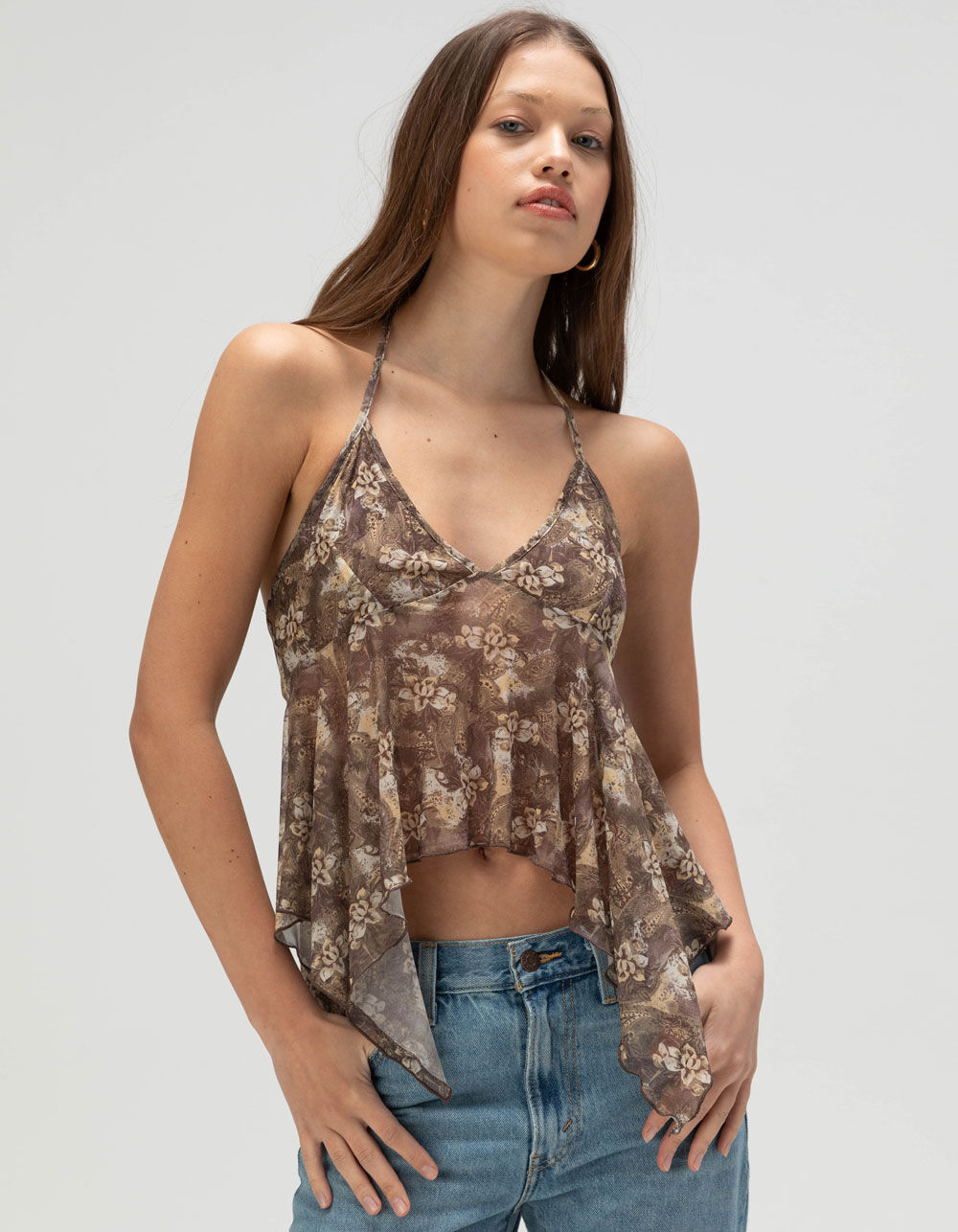WEST OF MELROSE Floral Mesh Womens Halter Top