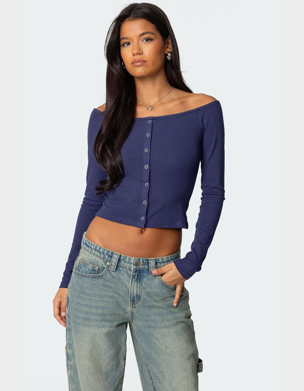 EDIKTED Off Shoulder Button Up Top