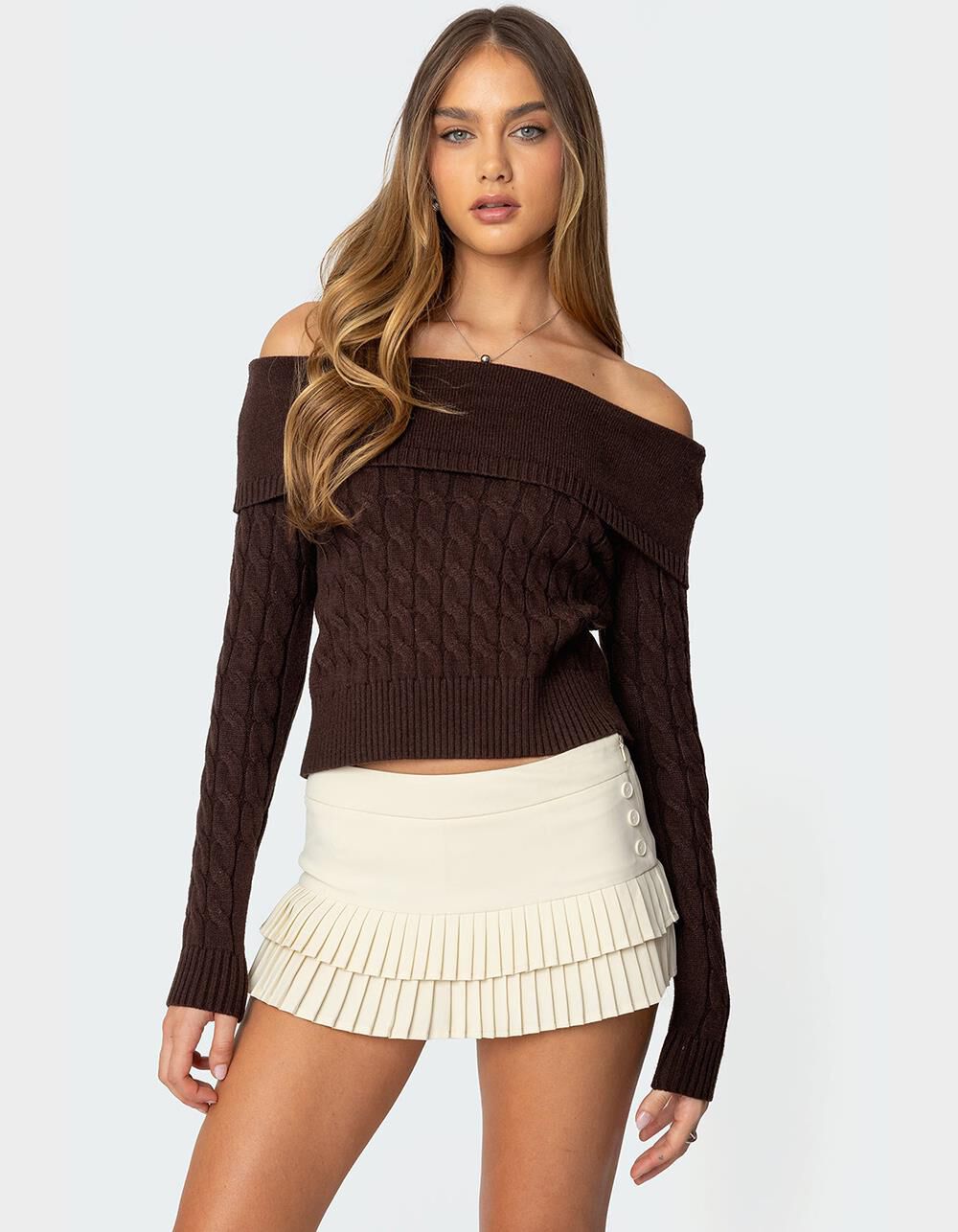EDIKTED Glenn Fold Over Cable Knit Sweater