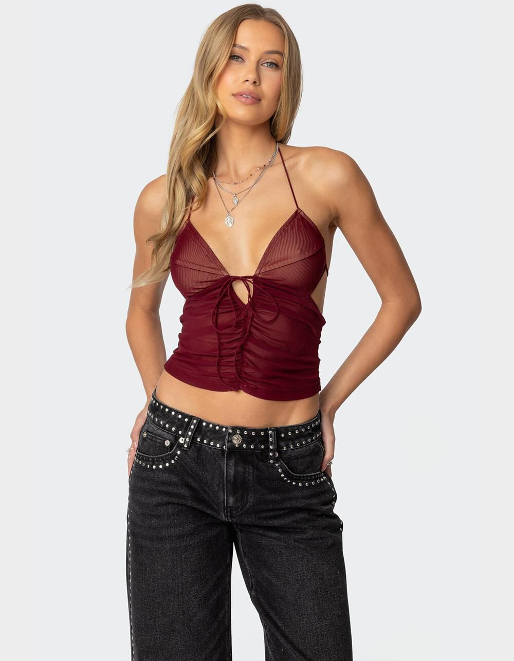EDIKTED Strappy Ruched Mesh Top