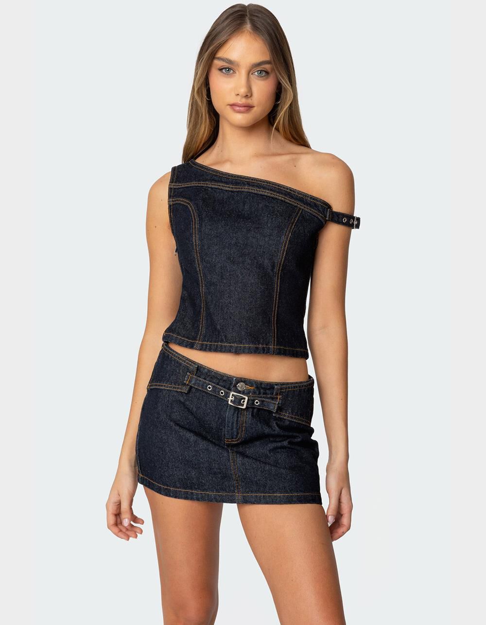 EDIKTED Keira Buckled Asymmetric Denim Top