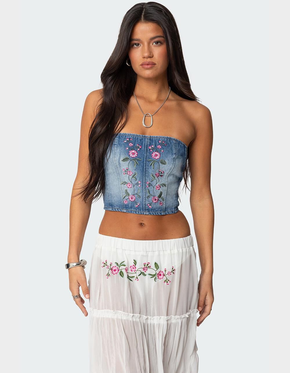 EDIKTED Tula Embroidered Denim Corset