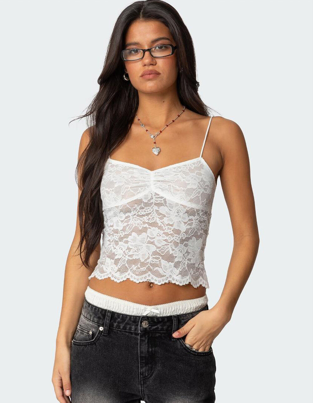 EDIKTED Rut Sheer Lace Tank Top