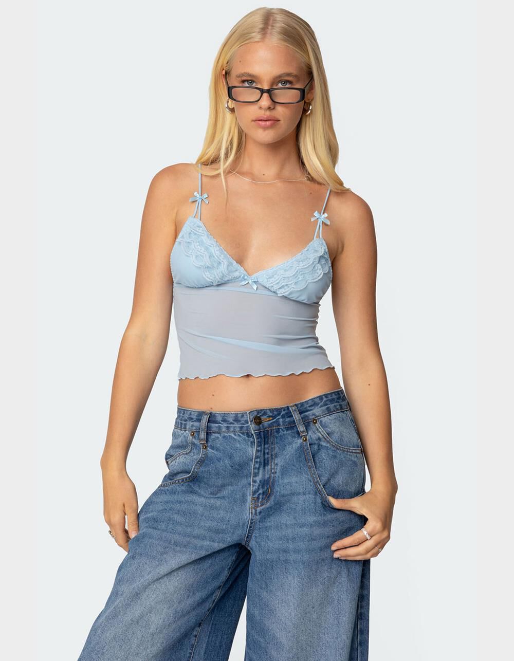 EDIKTED Berkley Sheer Mesh Lacey Top