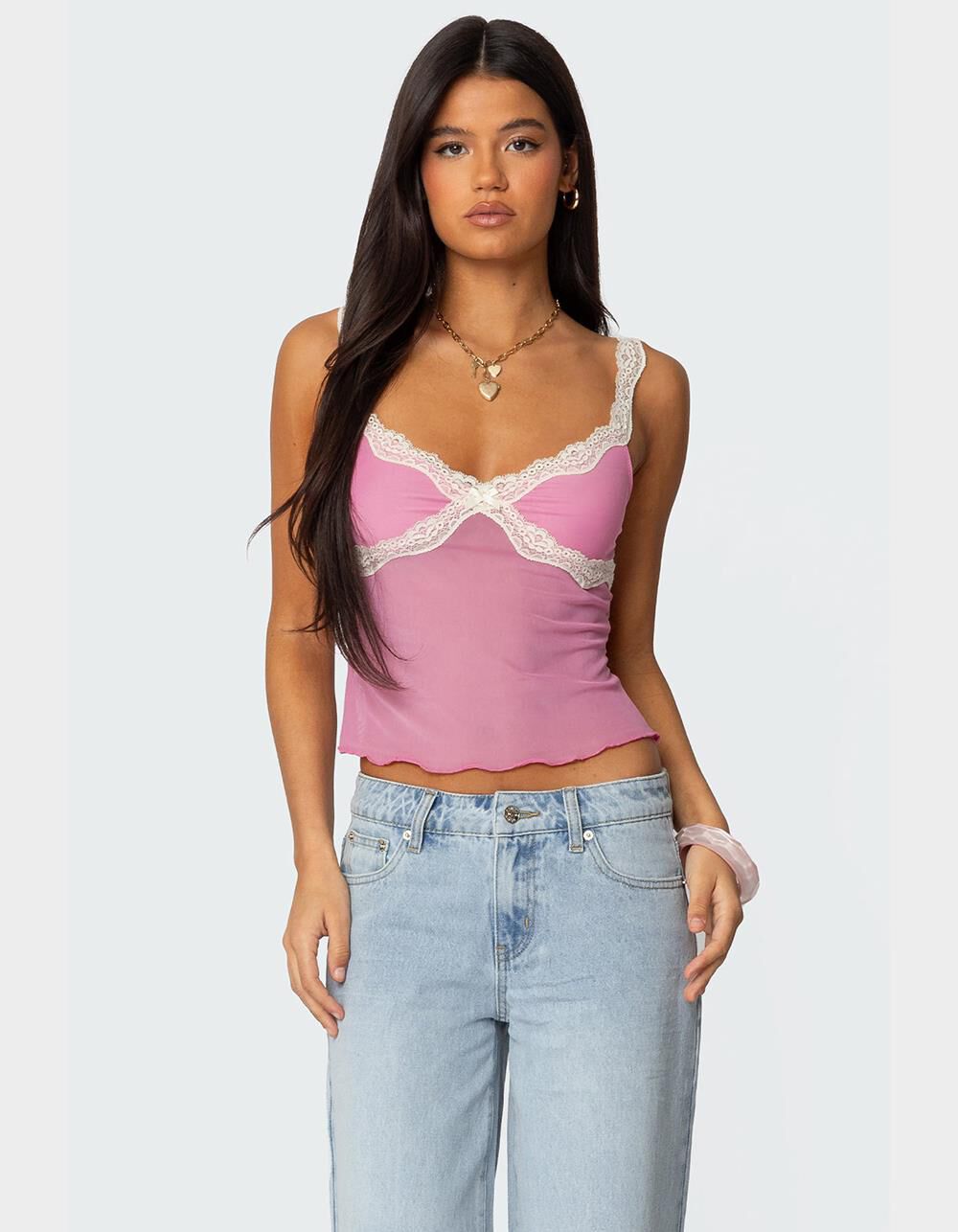 EDIKTED Contrast Lacey Mesh Tank Top