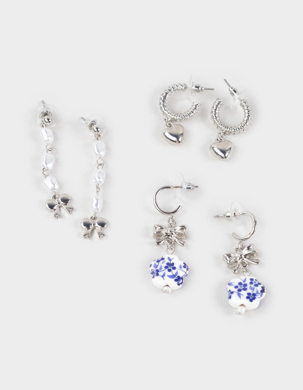 FULL TILT 3 Pack Printed Floral Bow Heart Earrings