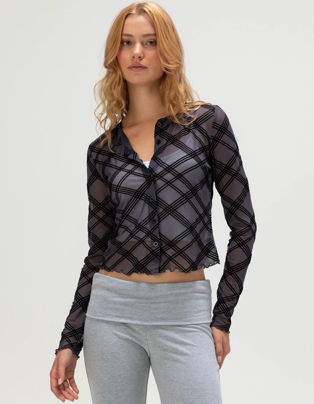 RSQ Womens Plaid Mesh Button Front Long Sleeve Top