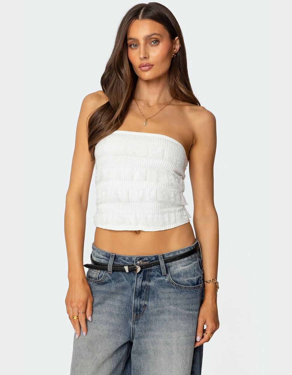 EDIKTED Georgette Lacey Ruffle Tube Top