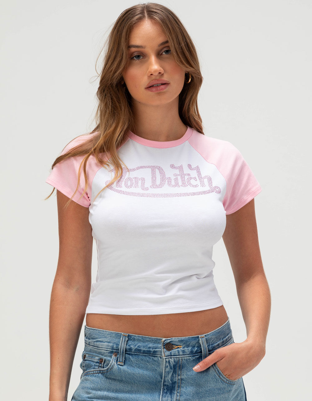 VON DUTCH Rhinestone Womens Raglan Baby Tee