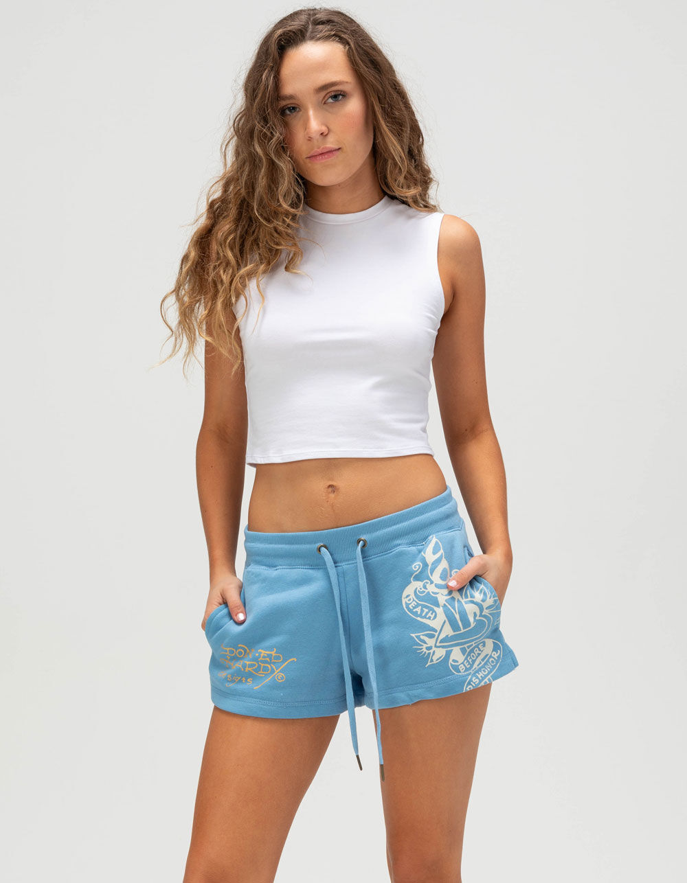 ED HARDY Flower Skulls Womens Fleece Shorts
