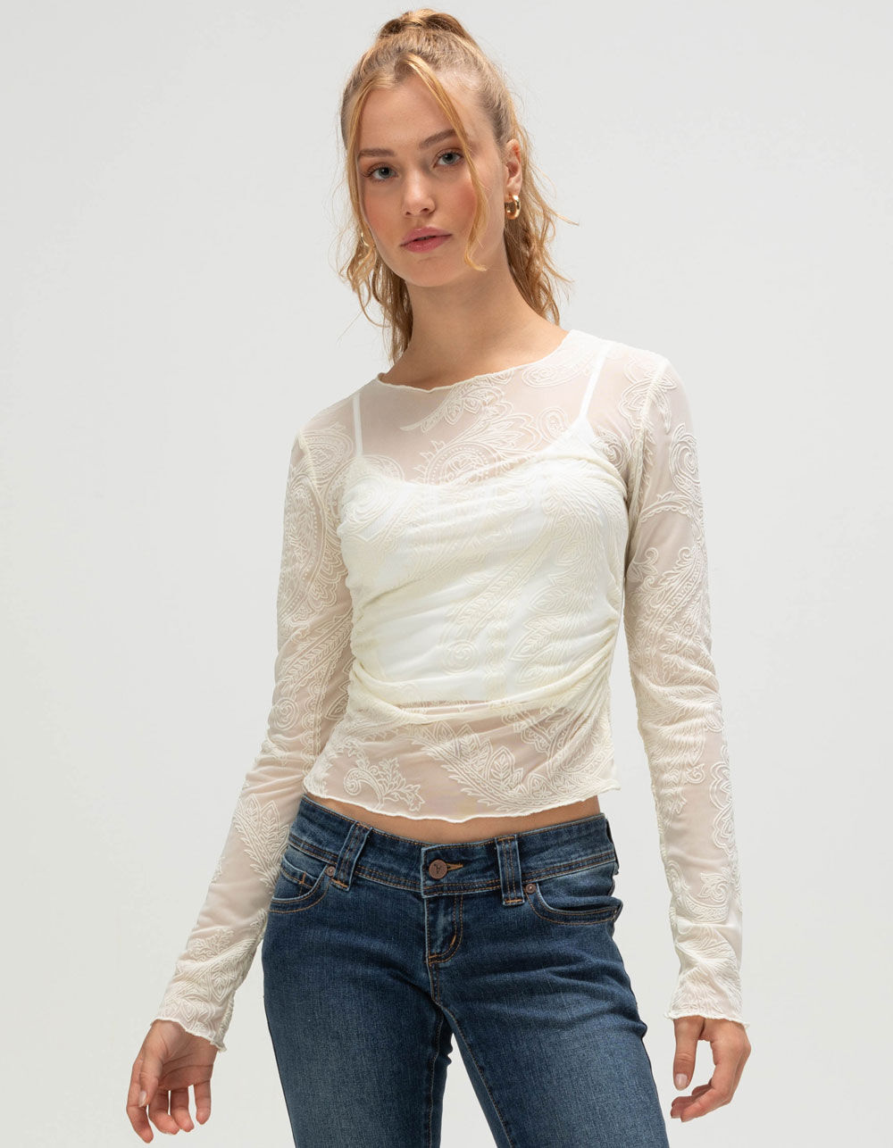 WEST OF MELROSE Womens Flocked Paisley Long Sleeve Top