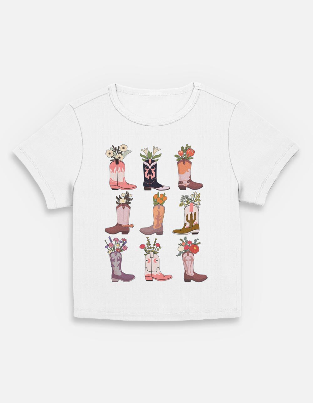 WESTERN Floral Boots Grid Womens Baby Tee
