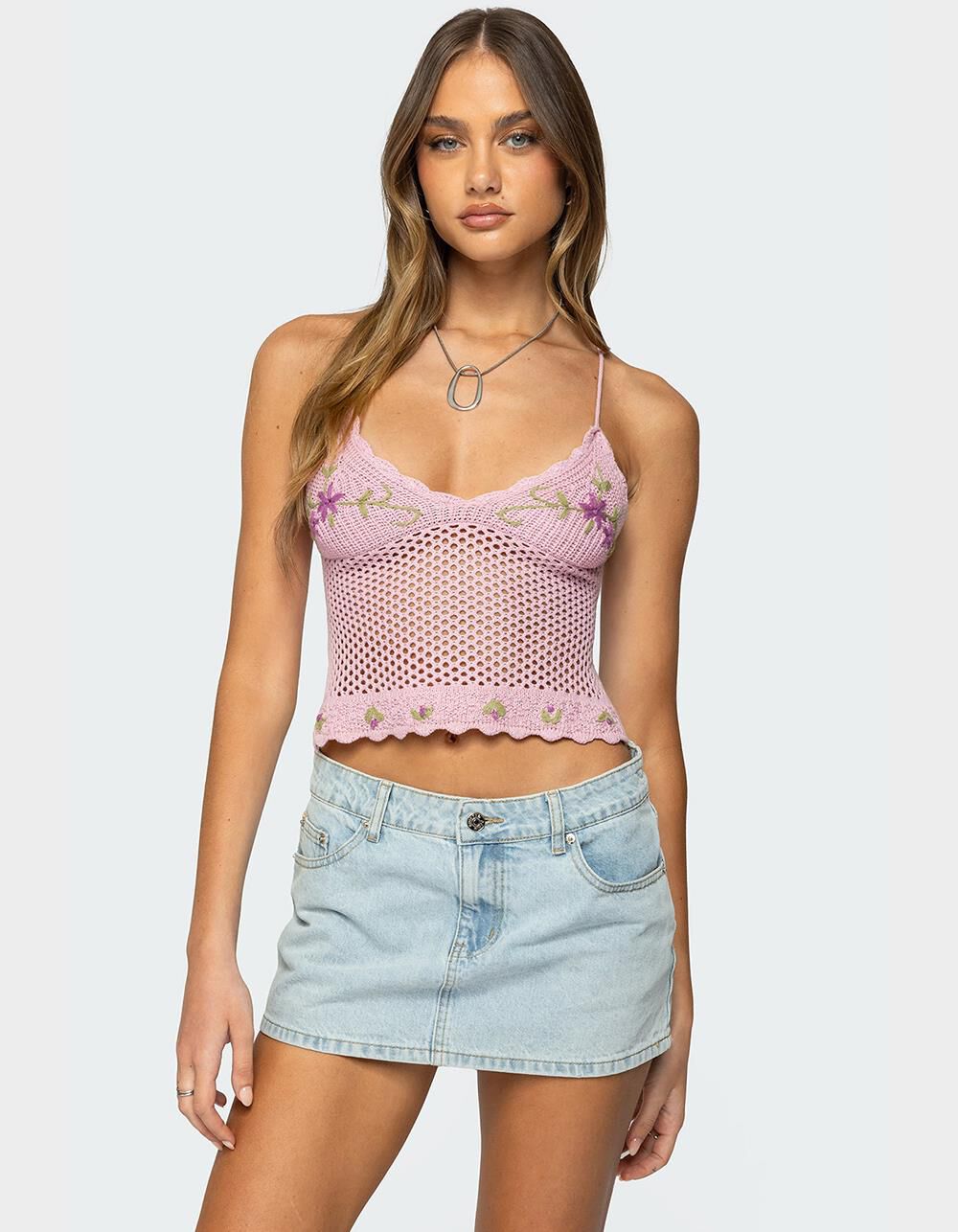 EDIKTED Quince Backless Embroidered Crochet Top