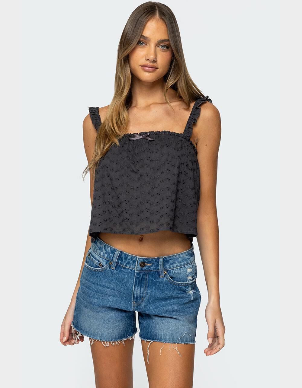 EDIKTED Tami Eyelet Ruffle Tank Top