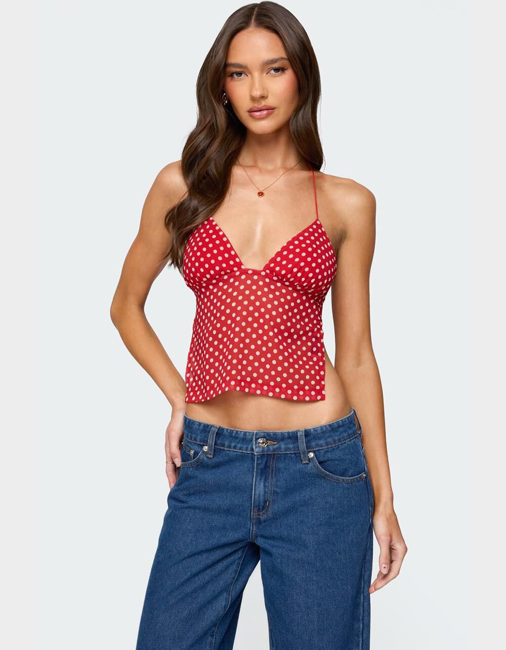 EDIKTED Polka Dot Backless Chiffon Top