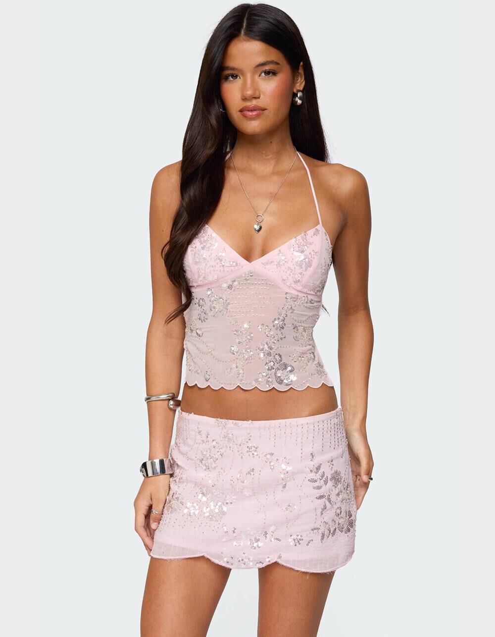 EDIKTED Nelley Backless Beaded Sequin Chiffon Top