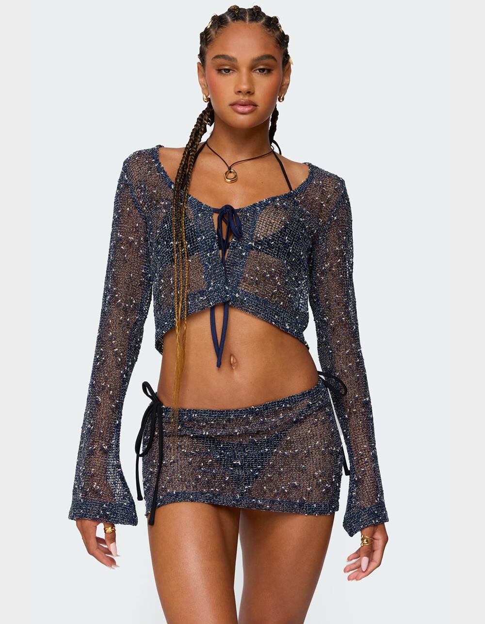 EDIKTED Idra Crochet Net Tie Front Top