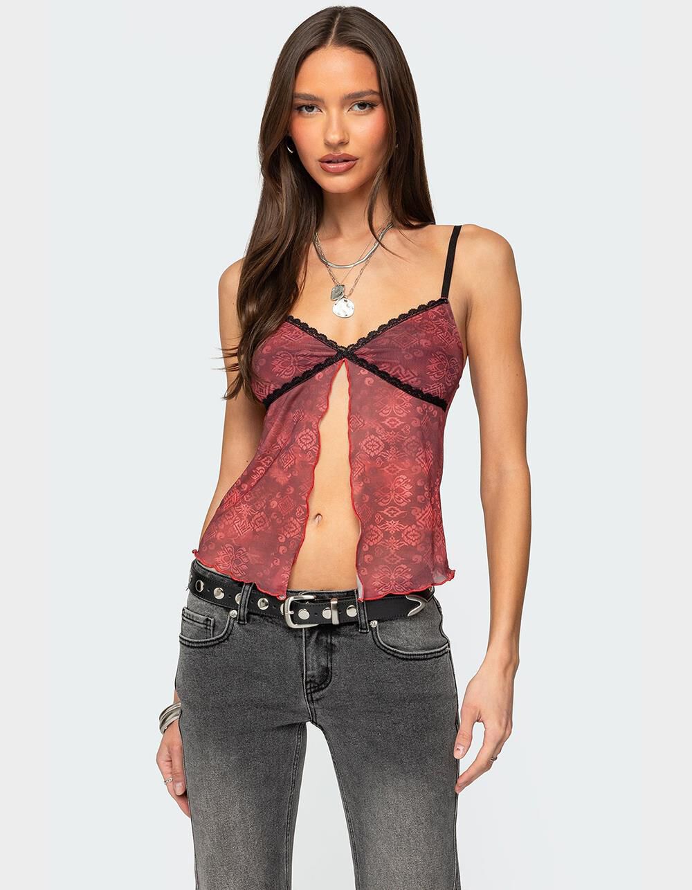 EDIKTED Printed Mesh Split Front Top