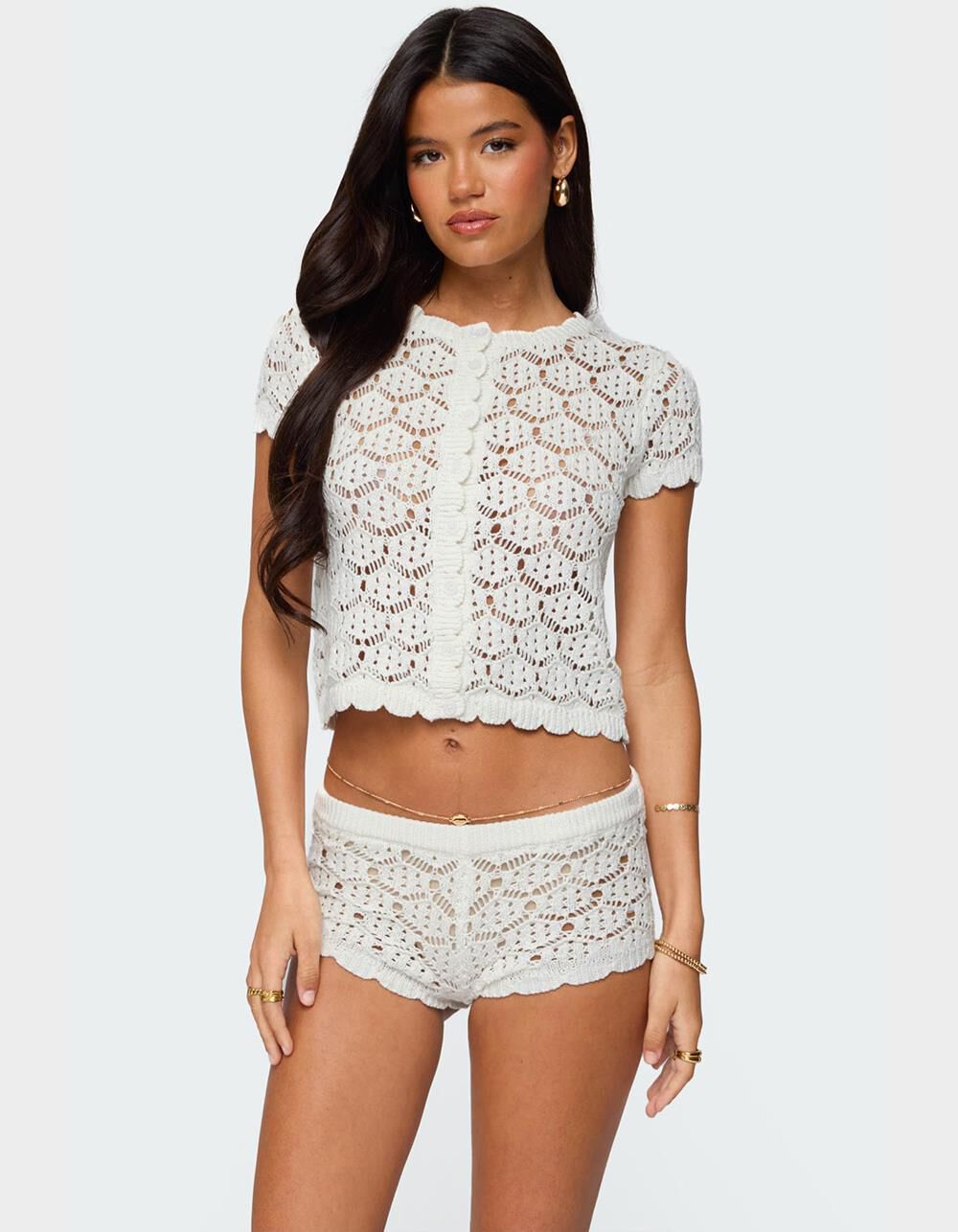 EDIKTED Elisa Open Knit Button Up Top