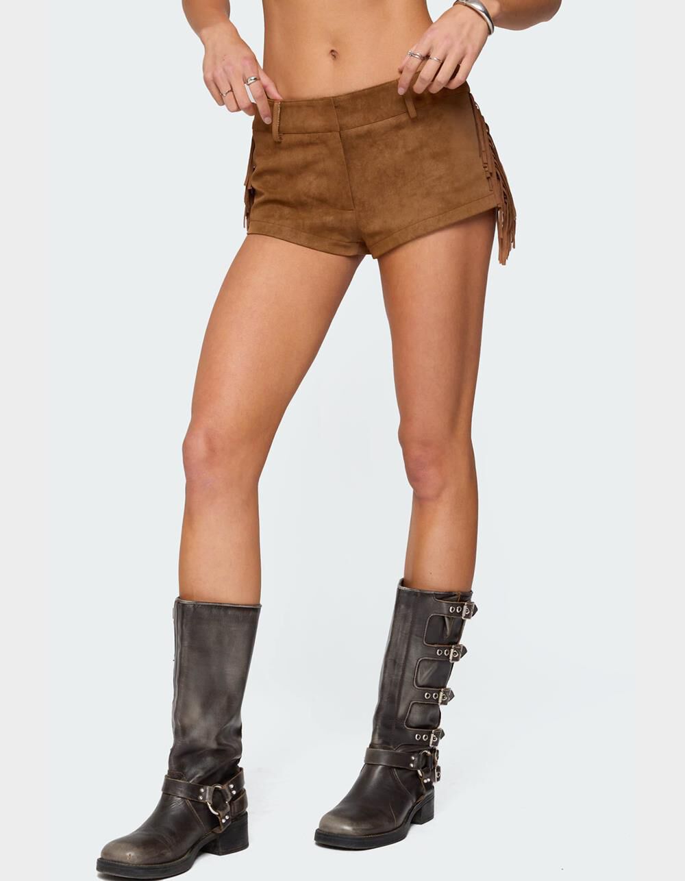 EDIKTED Sapir Fringe Faux Suede Shorts