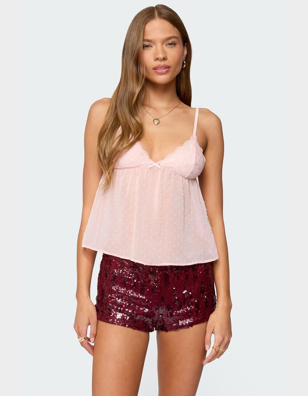EDIKTED Dotted Chiffon Babydoll Tank Top
