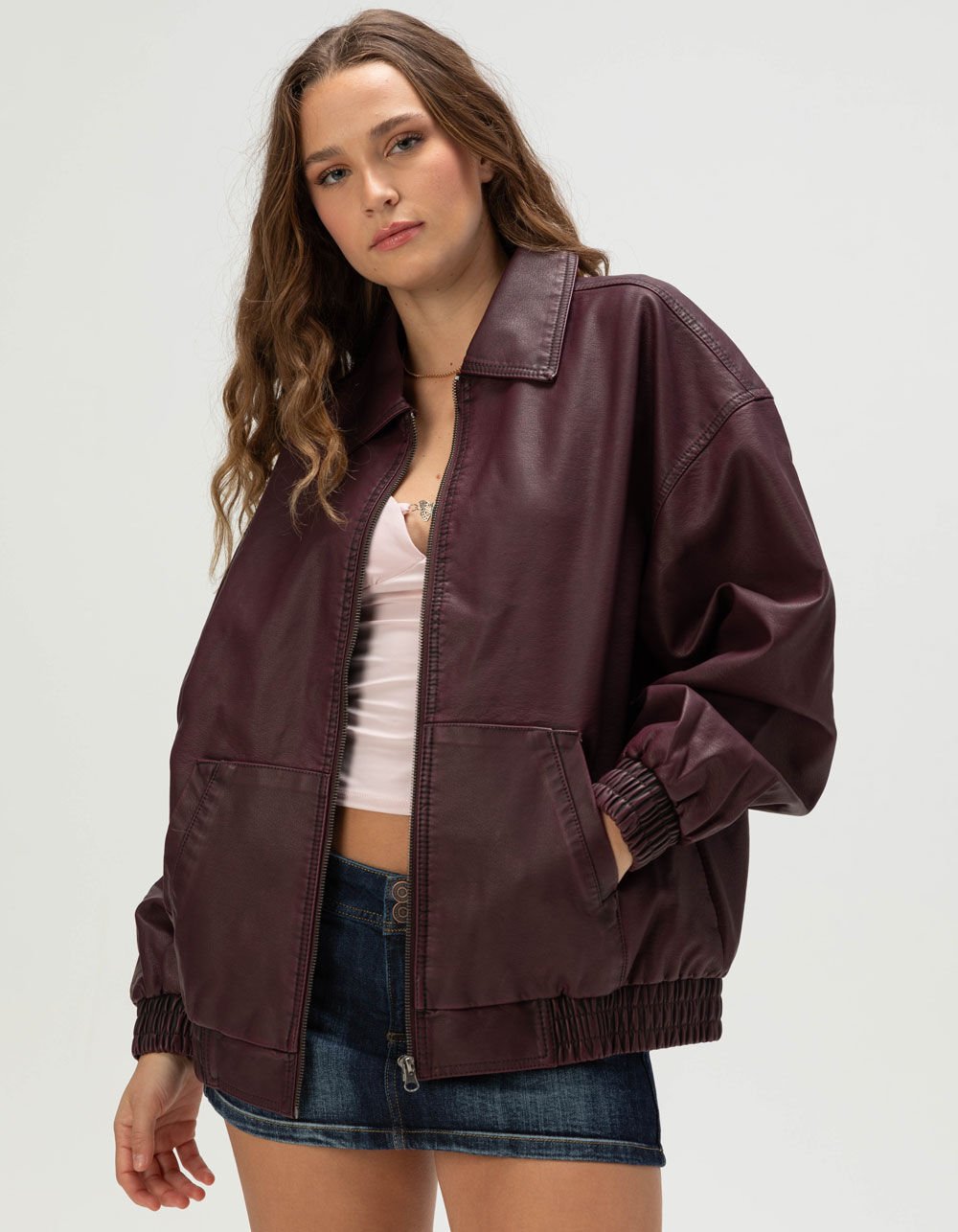 RSQ Womens Oversized Faux Leather Bomber Jacket