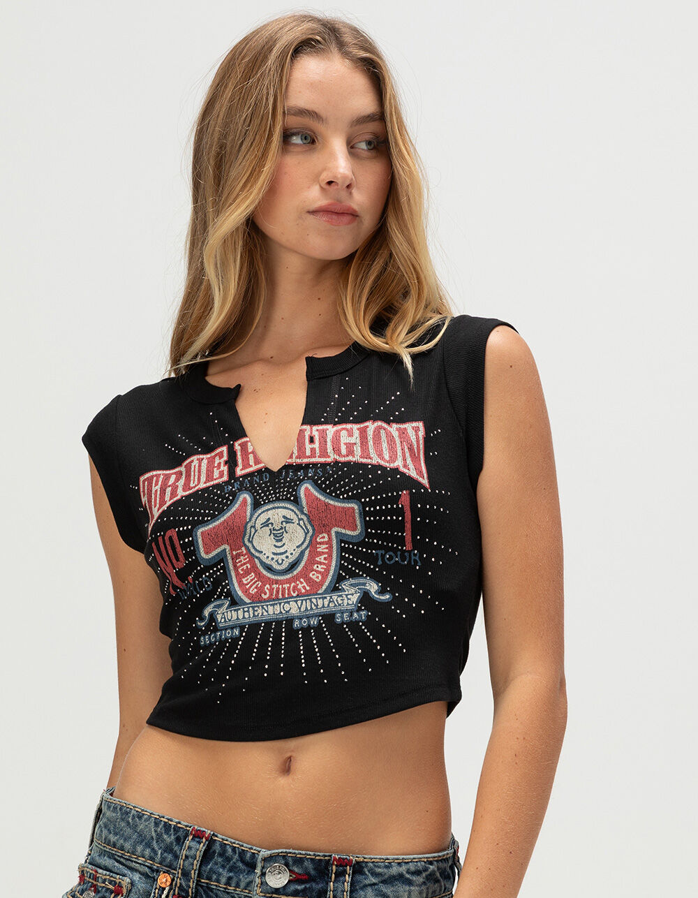 TRUE RELIGION Distressed Buddha Crystal Womens V-Notch Baby Tee