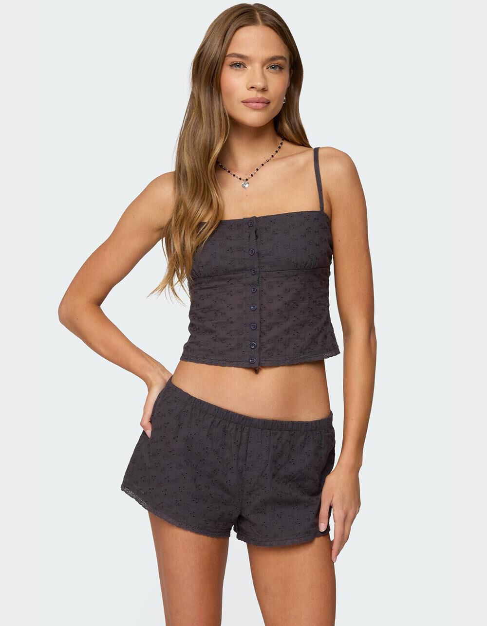 EDIKTED Shaya Button Up Eyelet Tank Top