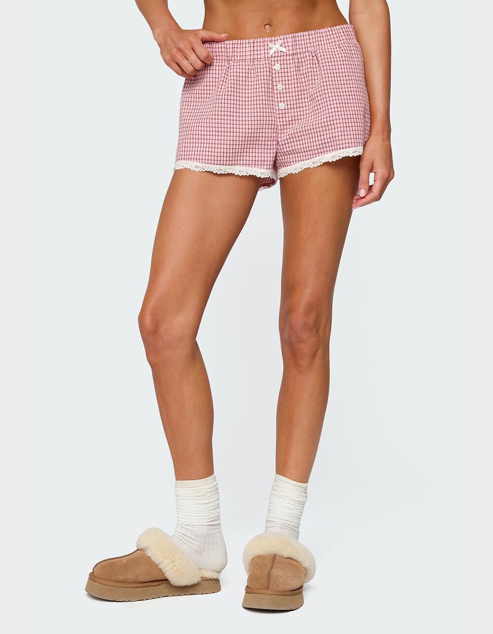 EDIKTED Vaughn Lacey Plaid Shorts