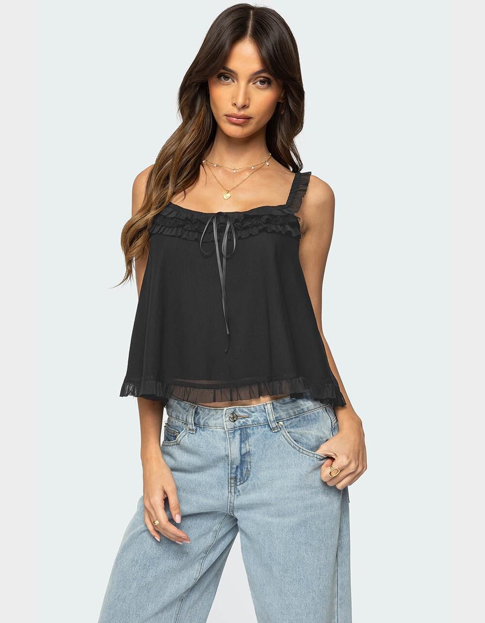 EDIKTED Ruffle Mesh Babydoll Tank Top