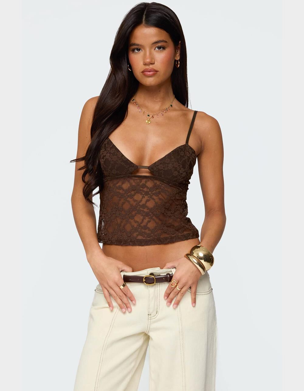 EDIKTED Sheer Lace Cut Out Tank Top