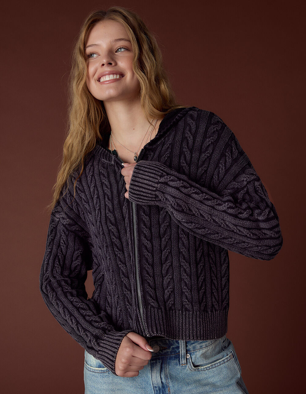 RSQ Womens Cable Knit Zip-Up Sweater RSQ Womens Cable Knit Zip-Up Sweater