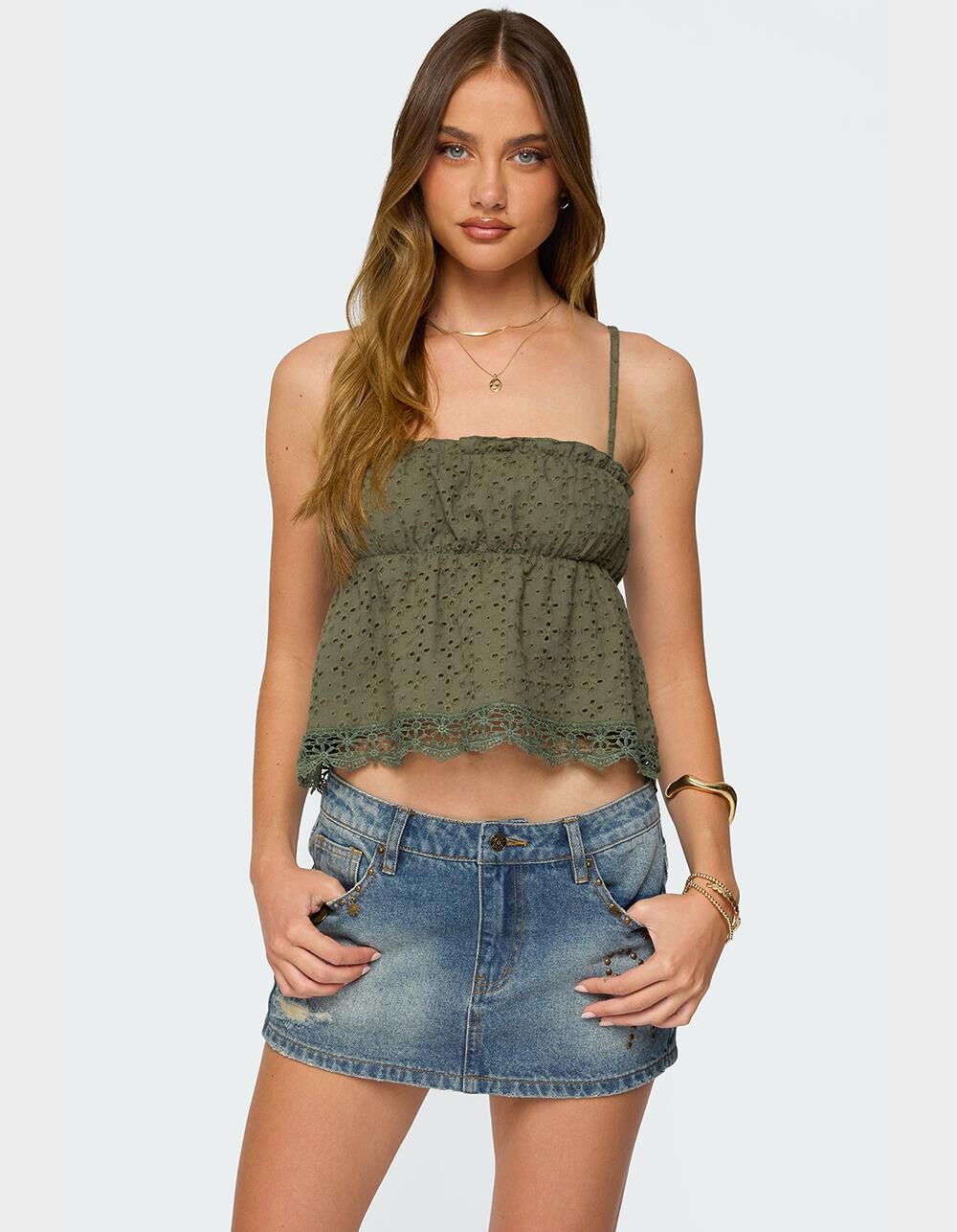 EDIKTED Orian Eyelet Babydoll Tank Top