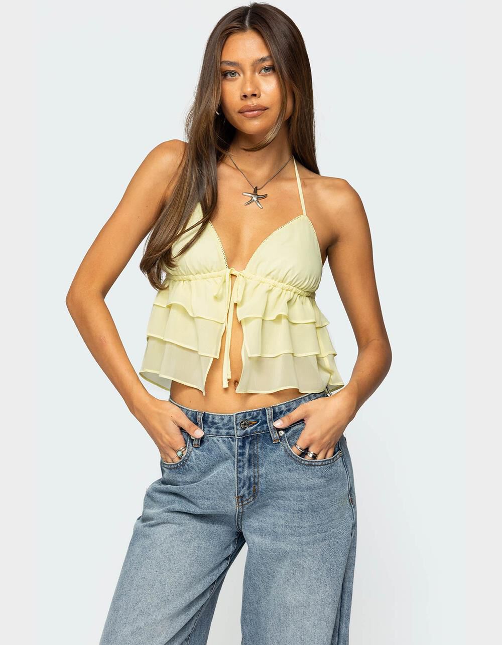 EDIKTED Zephi Split Front Ruffled Top