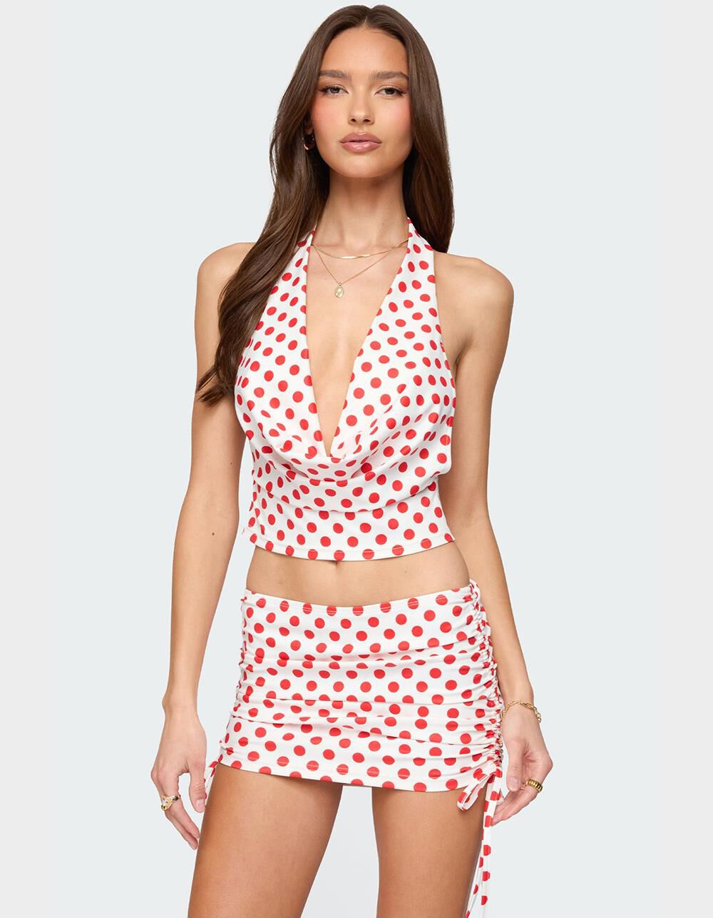 EDIKTED Zoe Polka Dot Cowl Neck Top
