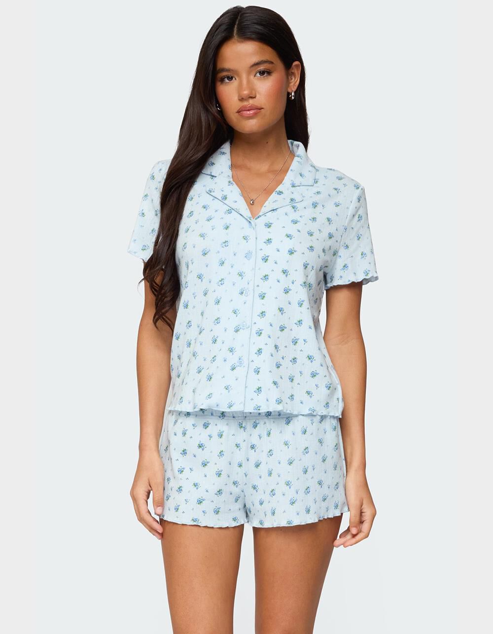 EDIKTED Camden Floral Pointelle Button Up Shirt