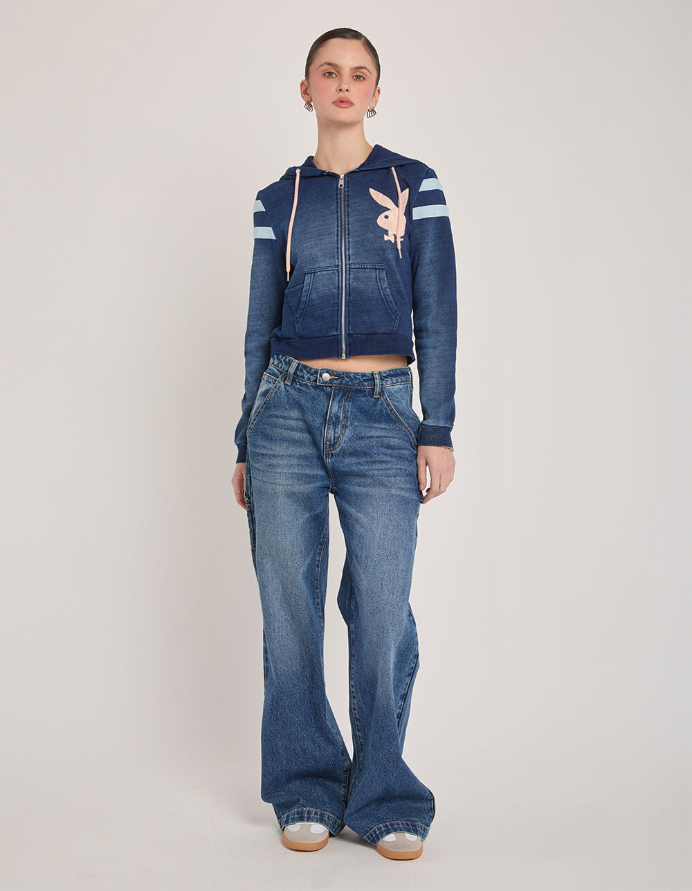 PLAYBOY Varsity Stripe Zip-Up Womens Hoodie