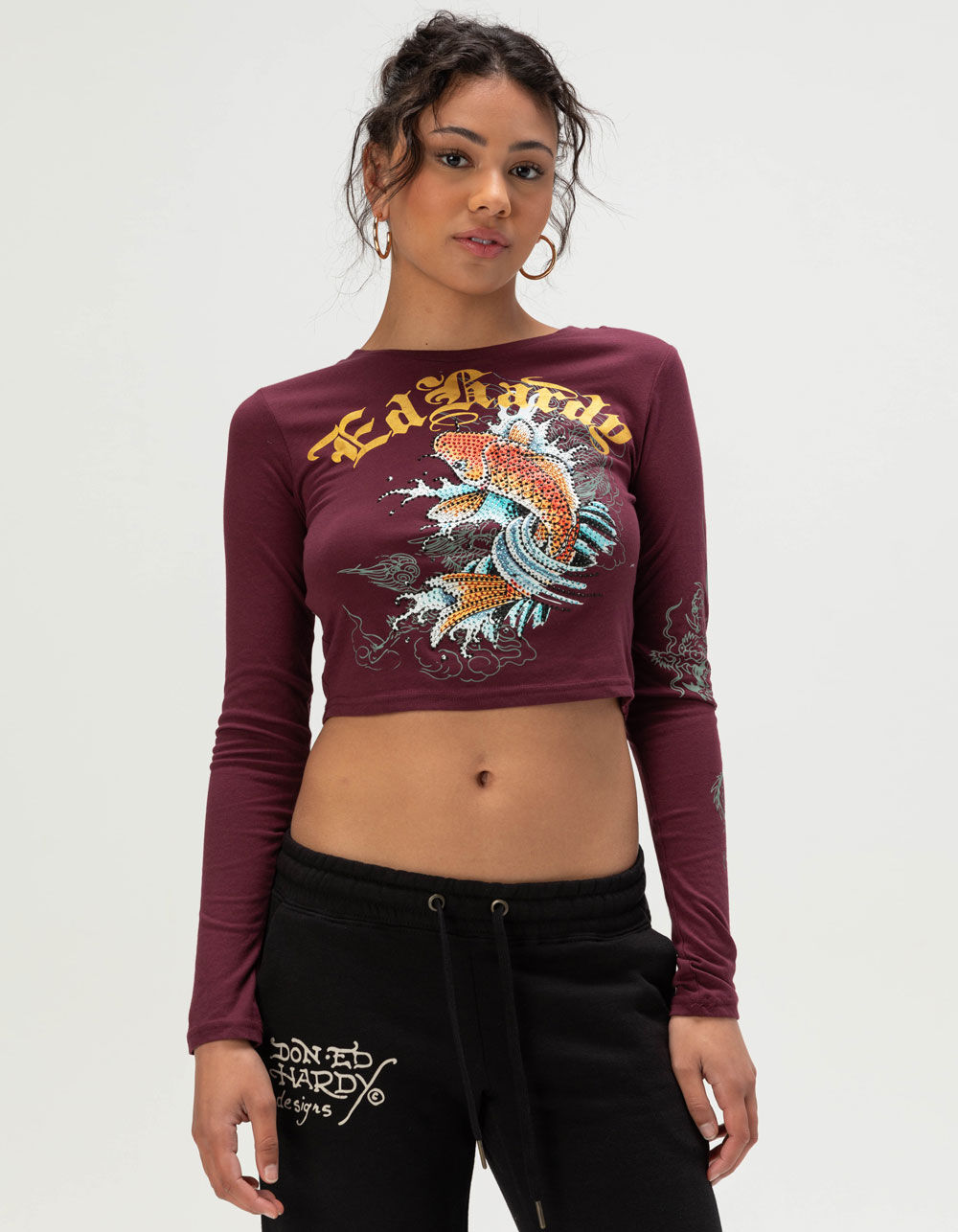 ED HARDY Koi Fish Womens Long Sleeve Baby Tee