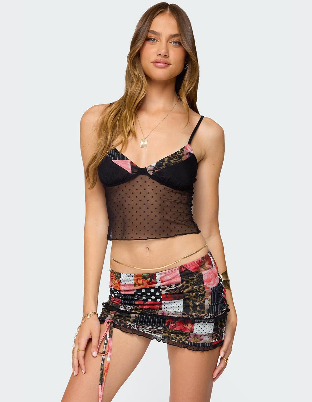 EDIKTED Kylo Mixed Print Sheer Mesh Top