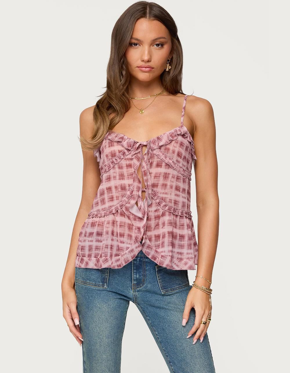 EDIKTED Chiffon Printed Tie Front Ruffle Top
