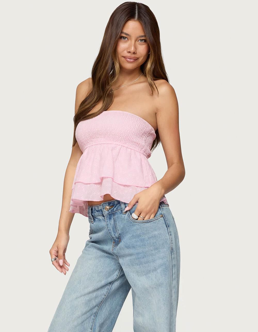 EDIKTED Toria Ruffled Eyelet Strapless Top