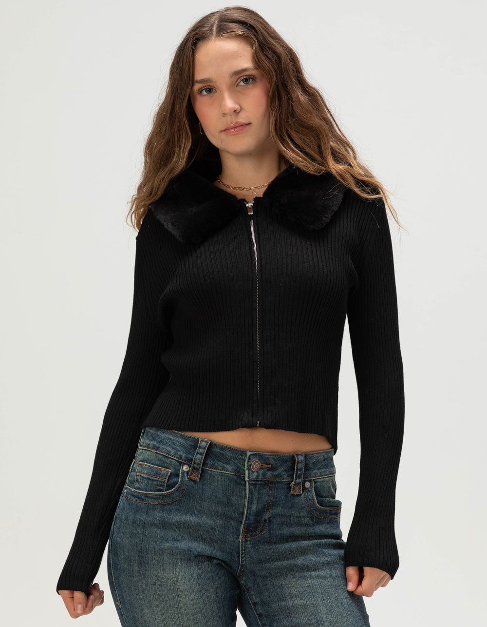 MADDEN GIRL Fur Collar Womens Zip-Up Sweater