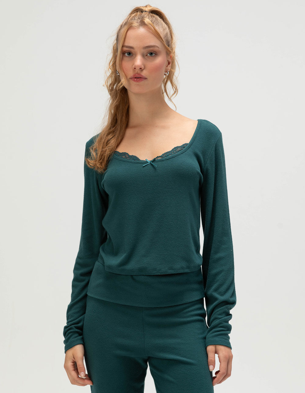 FULL TILT Brushed Lace Trim Womens Long Sleeve Top