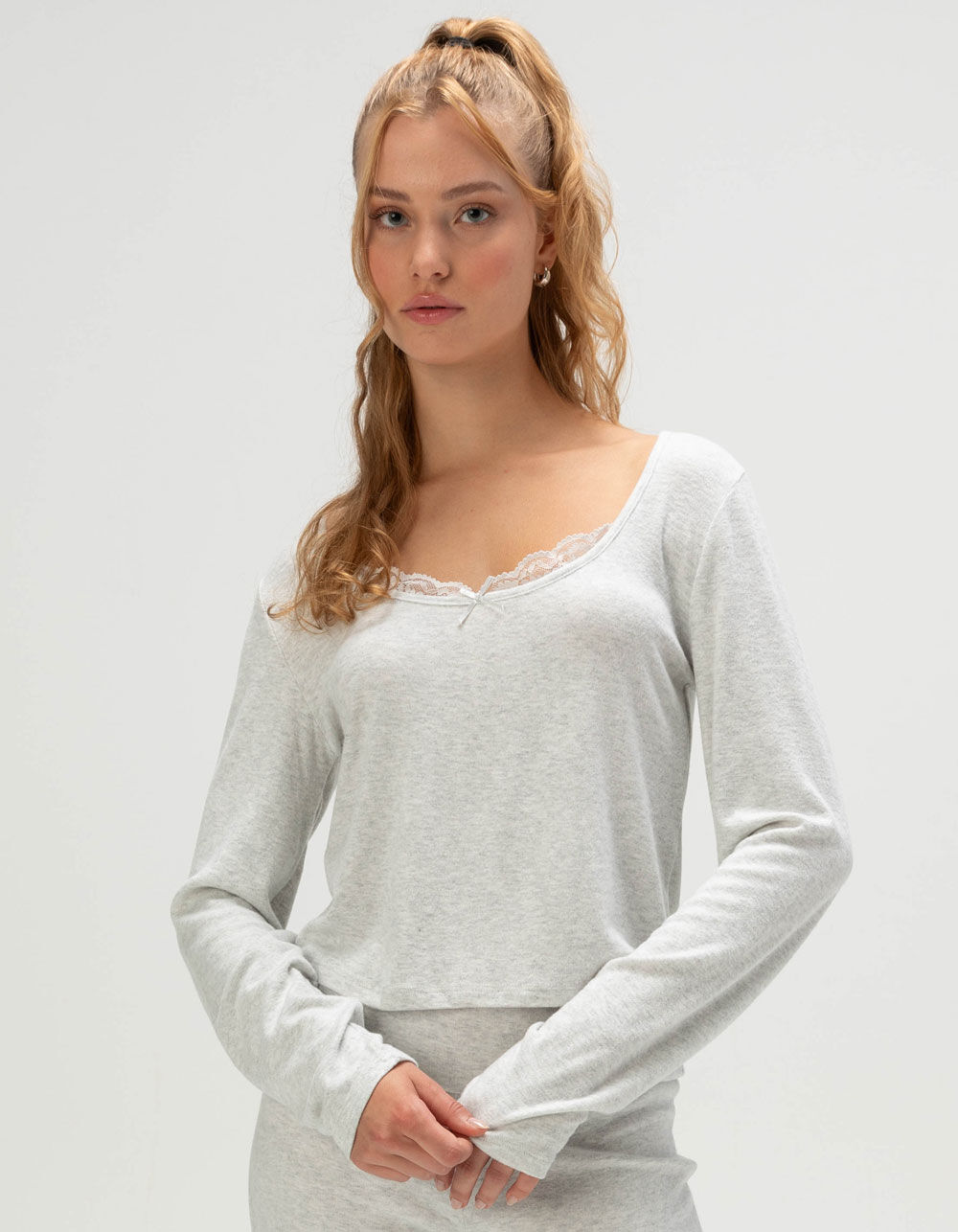 FULL TILT Brushed Lace Trim Womens Long Sleeve Top