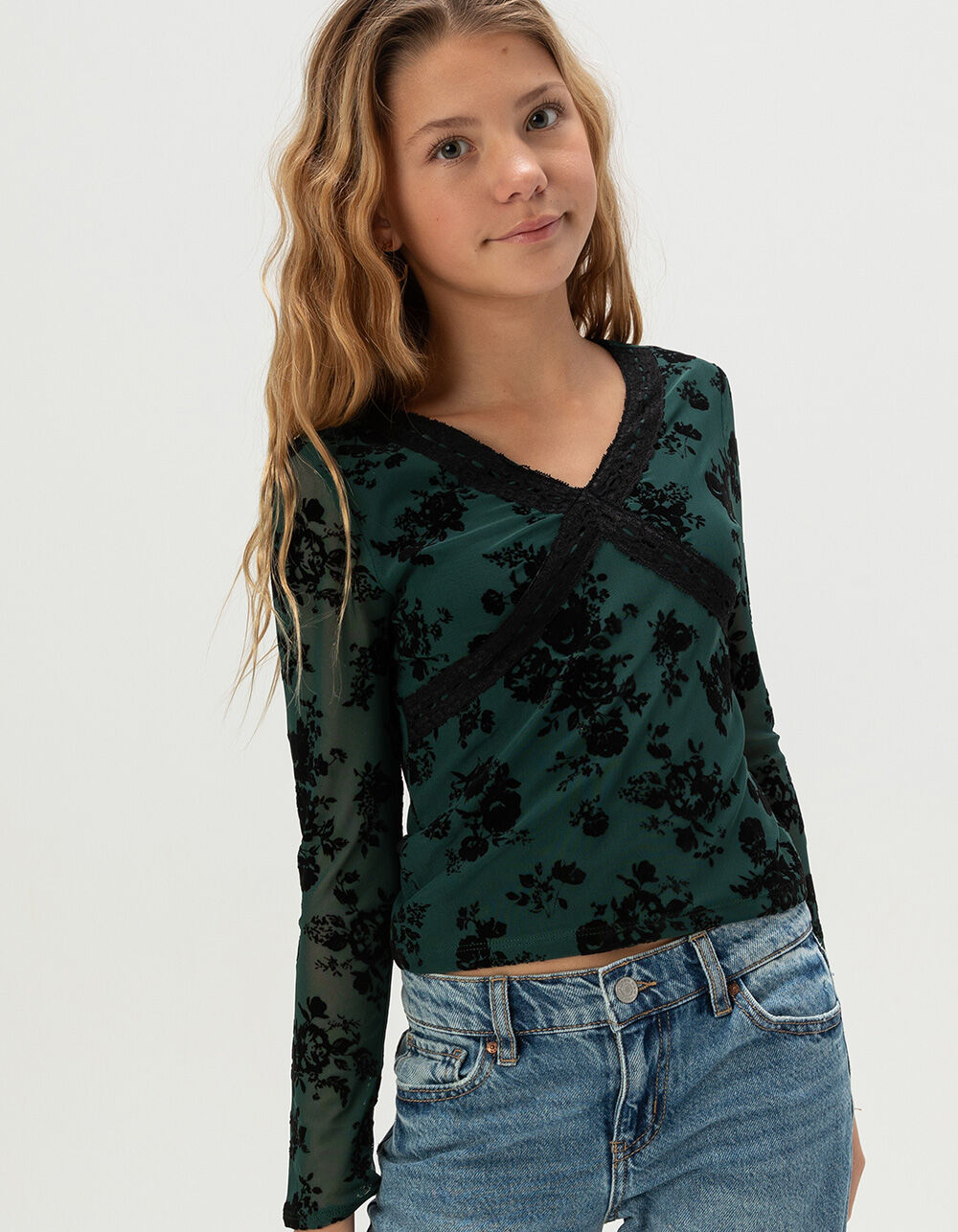 RSQ Girls Flocked Long Sleeve Mesh Top