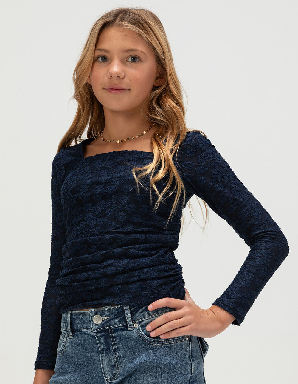 RSQ Floral Ruched Girls Long Sleeve Top