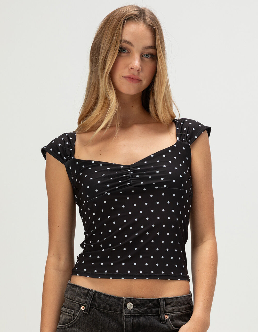 TILLYS Butter Soft Polka Dot Womens Cap Sleeve Cinch Front Top